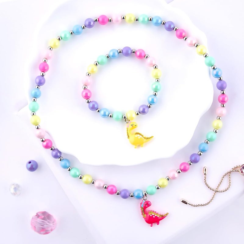 Niceup Cute Sparkling Dinosaur Necklace Bracelet Set for Little Girl Kids Pastel Play Dress-up Stretchy Beads Jewelry Accessories for Party Gift Bags Filler Stuffers - Image 2